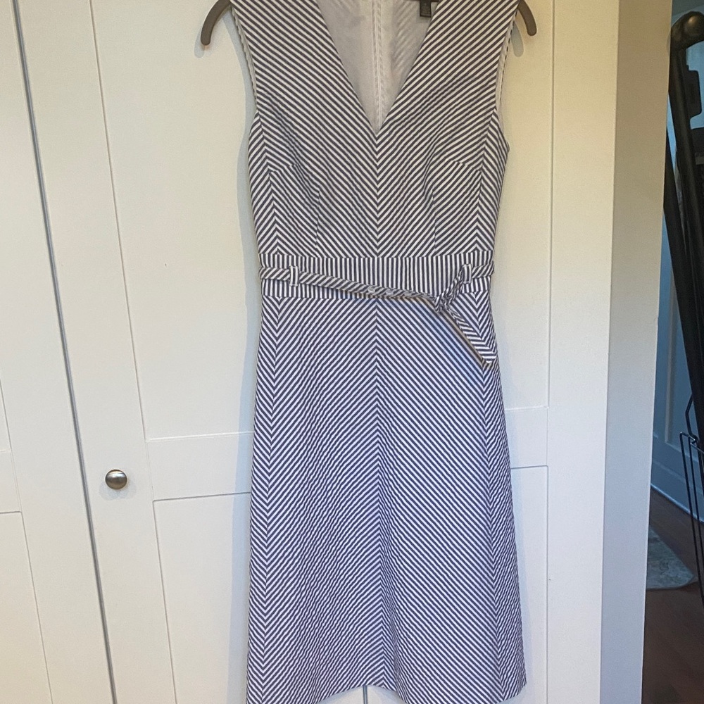 Brooks Brothers Striped Sleeveless V-Neck Midi Dress in Navy and White